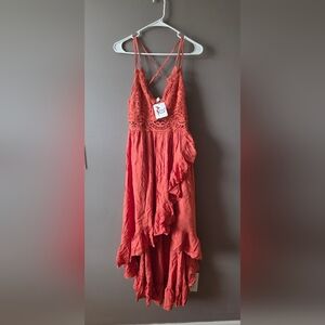 NWT Perfectly Priscilla "Too Good For You" Lace Maxi Dress In Brick Red Sz L